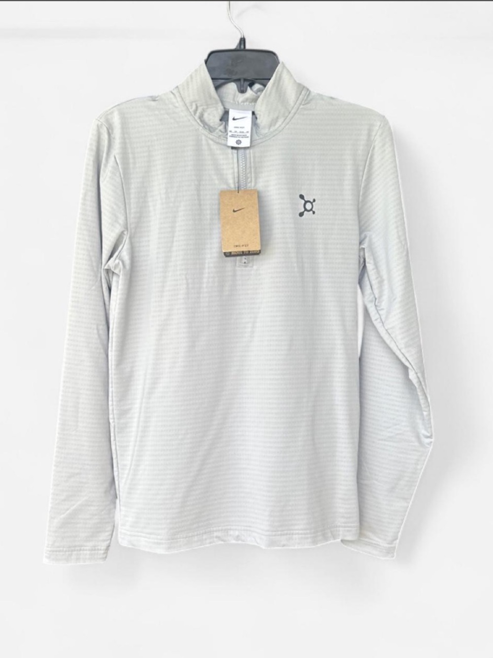 Nike Light Gray Long Sleeve Athletic Quarter-Zip Orange Theory logo